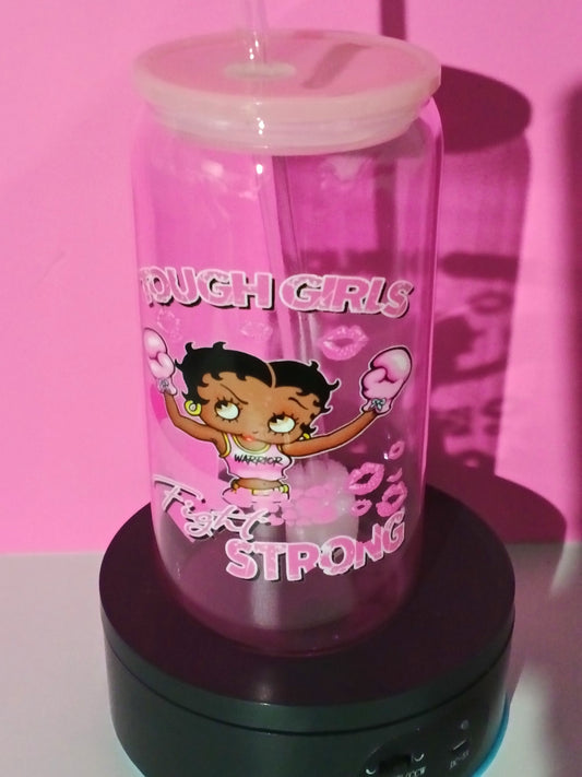 Breast Cancer Glass Cup w/straw